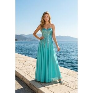 Turquoise Sequin Strapless Sweetheart Formal Prom Gown Dress Mermaid Fairy Long